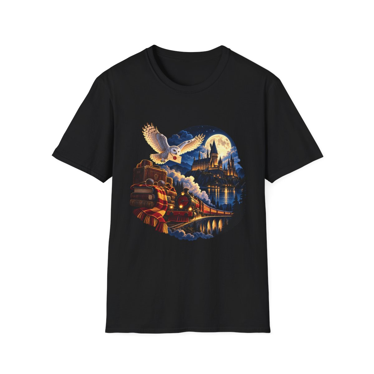 Magic School Nightscape T‑Shirt — Owl, Train & Castle Fantasy Tee