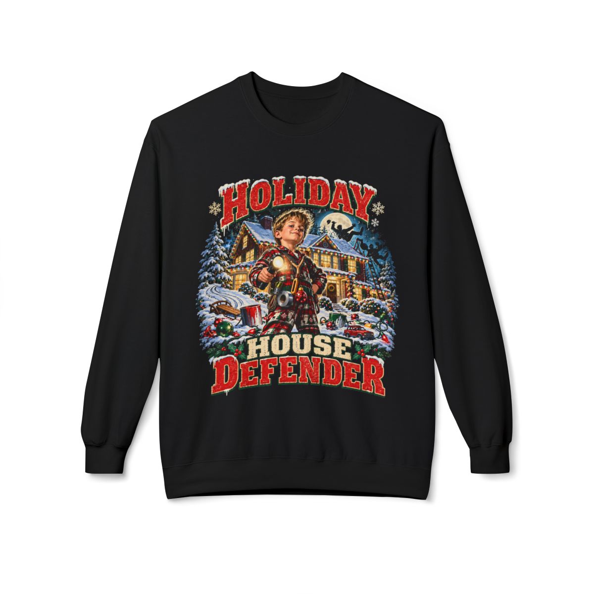 Christmas Sweatshirt Holiday House Defender Graphic Crewneck Funny Winter Pullover